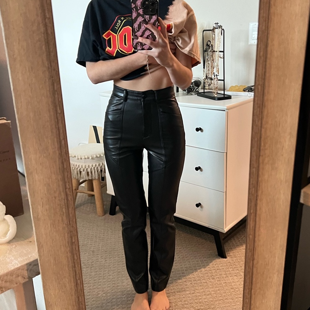 Aritzia straight leg black leather pants